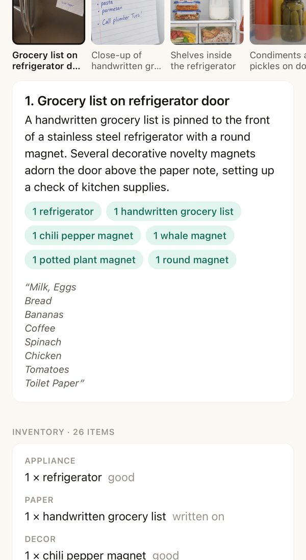 Five scenes found in a fridge video, with the first scene's description and items